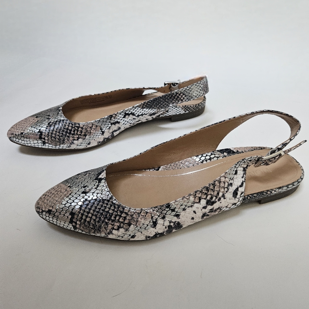 Vionic Womens Jade Boa Silver Snake Print Slingbacks Pointed-toe Flats 8.5